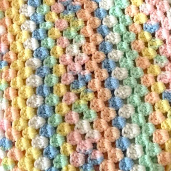 Handmade Pastel Rainbow Crocheted Baby Blanket / Lap Throw – 31"x33" - Picture 9 of 10